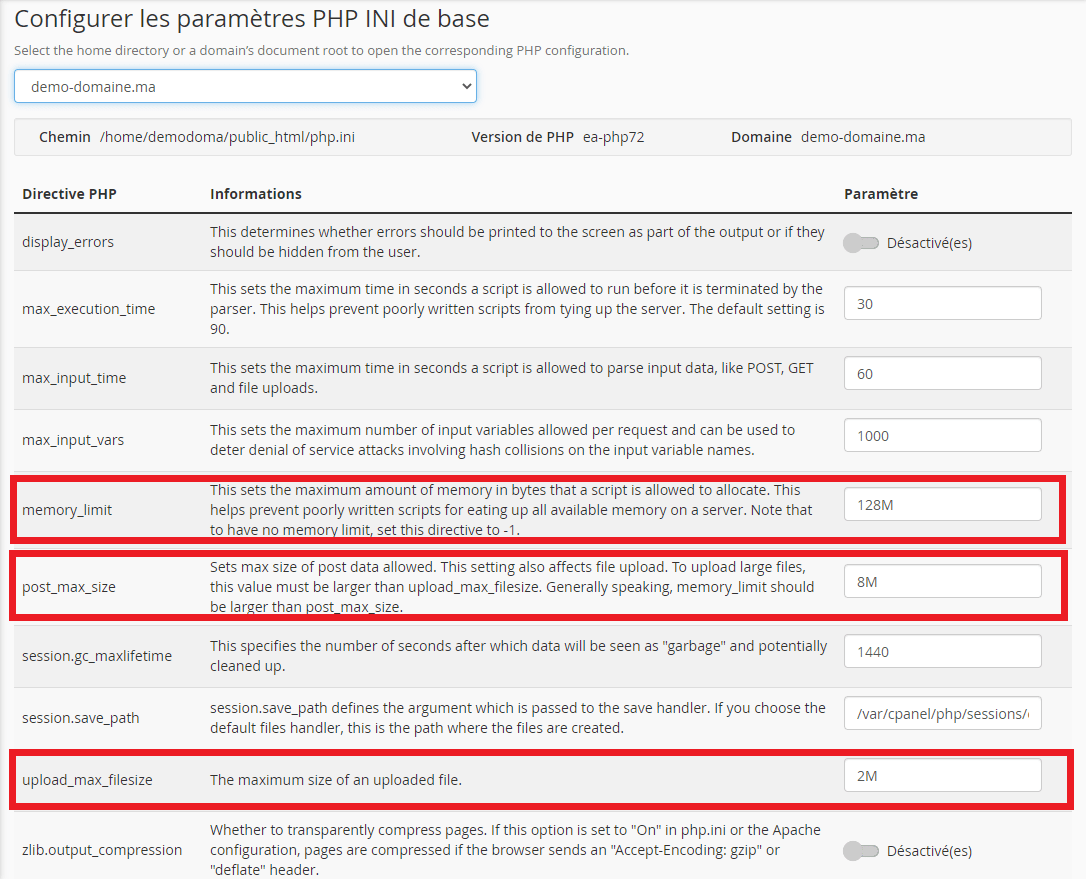 خيارات إعداد PHP في محرر MultiPHP INI