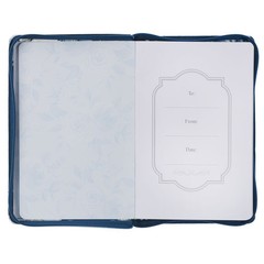 Blue Vegan Leather Zipped Journal, Inspirational Women’s Notebook Floral