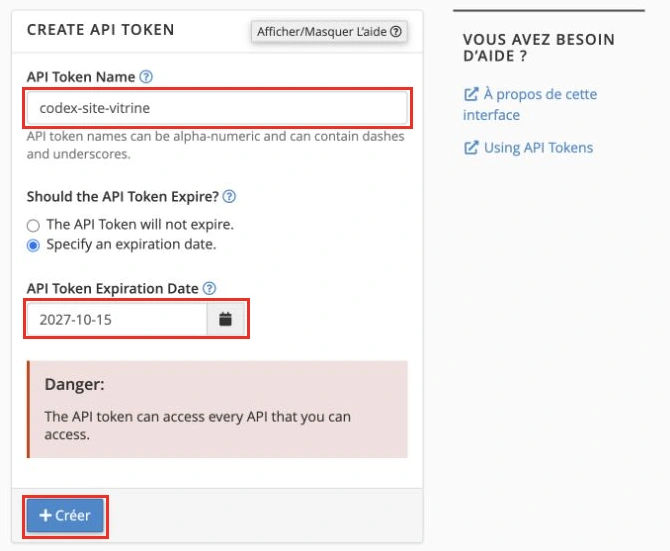 Create the token and copy it into your private configuration file. cPanel will not allow you to view it again once this page is closed.