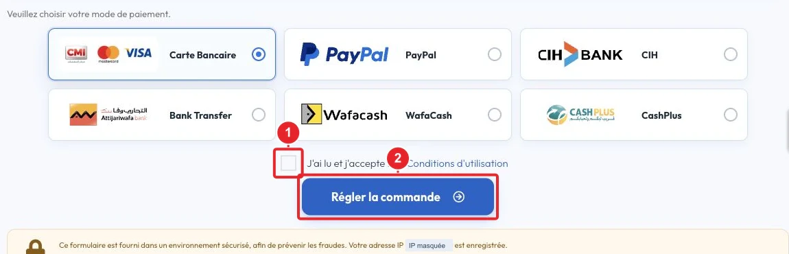 Vérifier le mode de paiement et les conditions avant de régler la commande — IP masquée