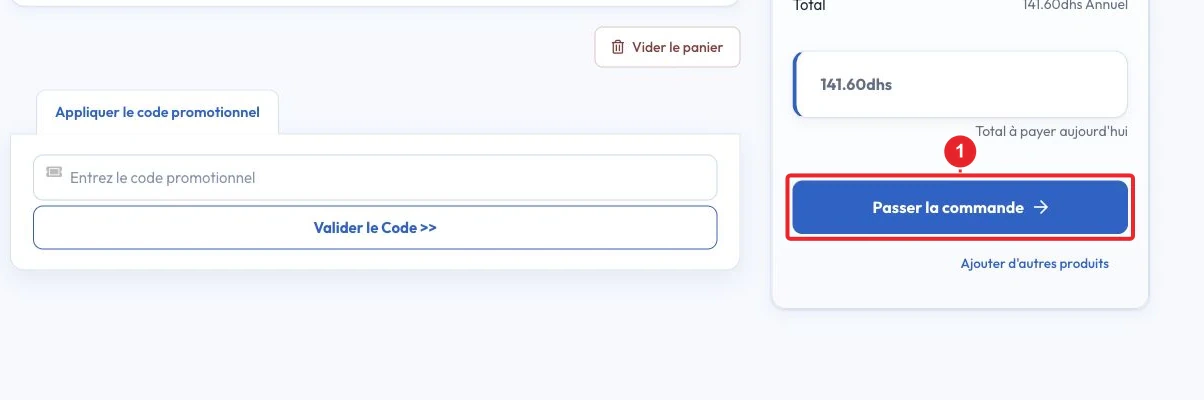 Vérifier le panier et le total avant de passer la commande du domaine
