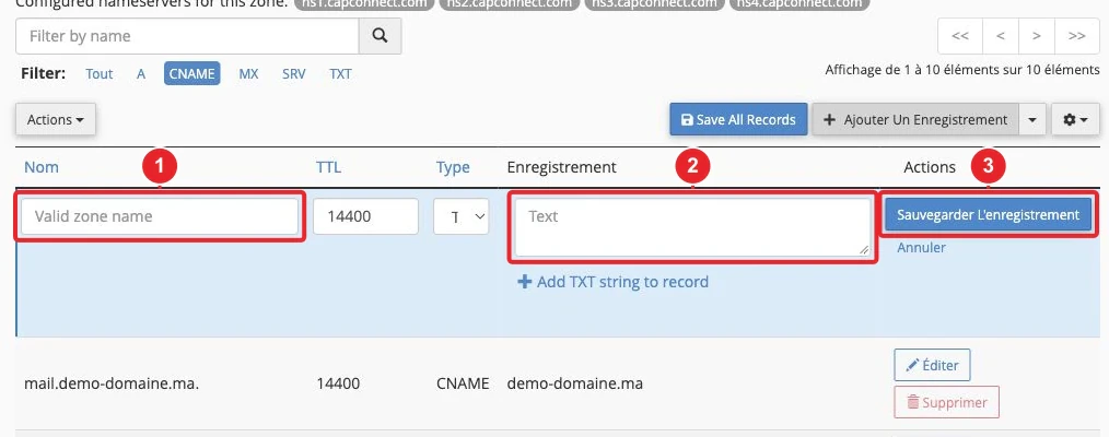 Formulaire d’ajout d’un enregistrement TXT dans la zone DNS cPanel
