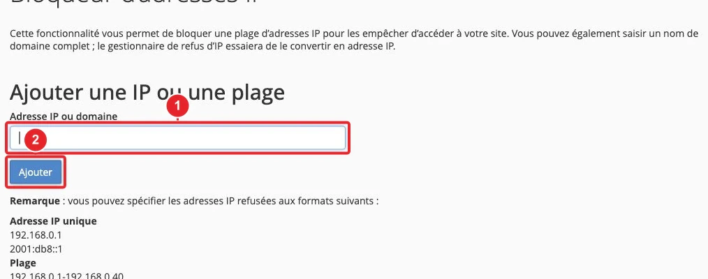 Formulaire de blocage d’une adresse IP dans cPanel