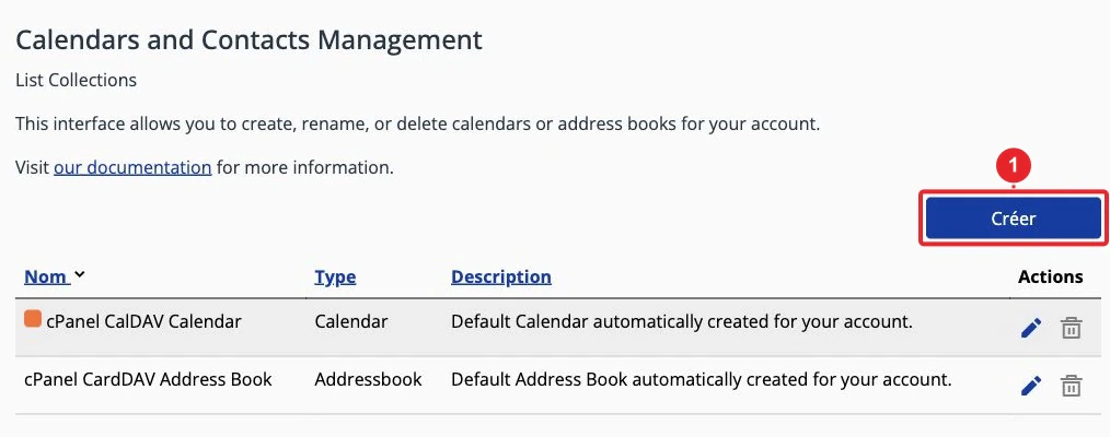 Calendriers et carnets d’adresses avec commandes de gestion dans cPanel