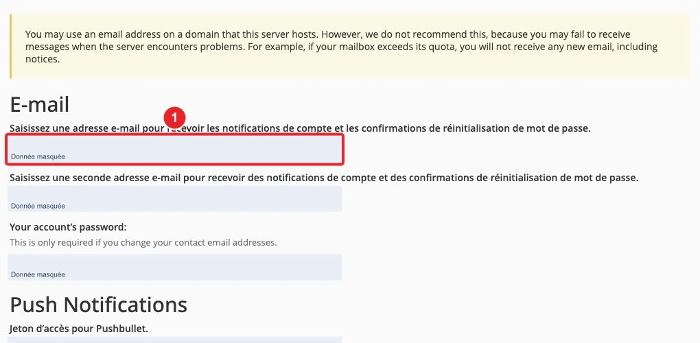 Coordonnées et préférences de notification dans cPanel — adresses masquées — Adresses de contact et notifications