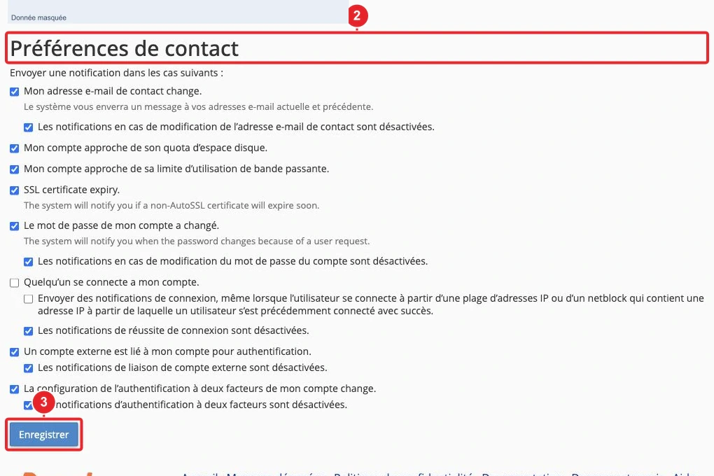 Coordonnées et préférences de notification dans cPanel — adresses masquées — Préférences de contact et enregistrement