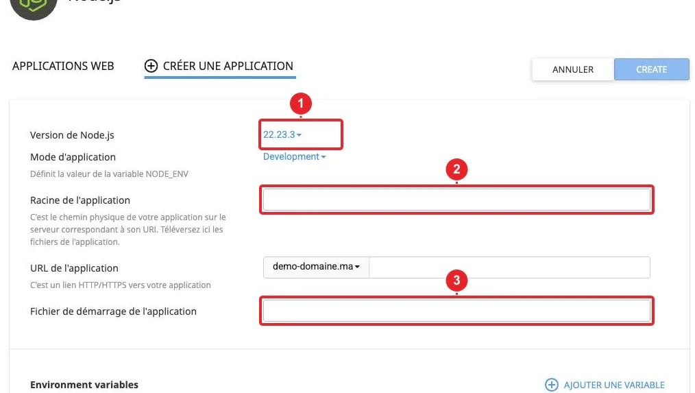 Formulaire de création d’une application Node.js dans cPanel