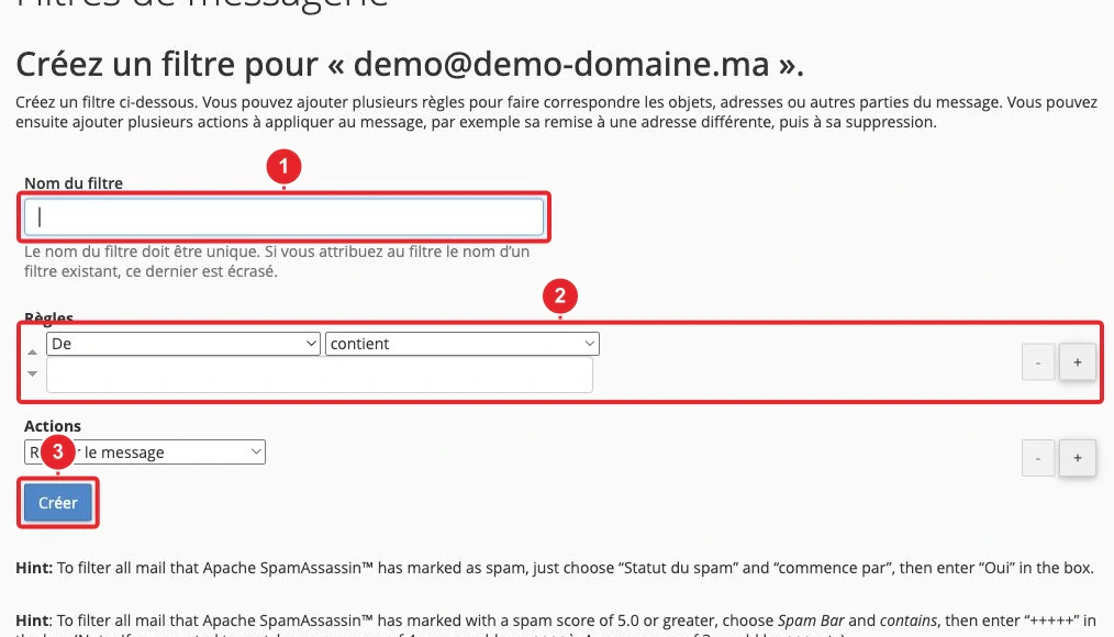 Formulaire de filtre e-mail avec nom, règles et actions dans cPanel