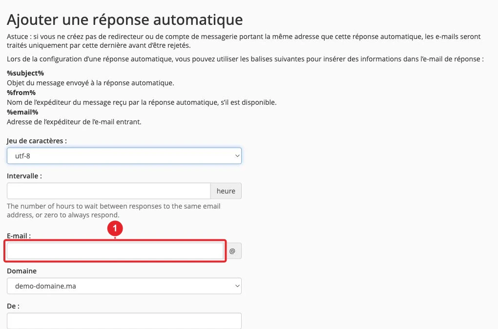 Formulaire de réponse automatique avec adresse e-mail, objet et message dans cPanel — Adresse et paramètres du répondeur