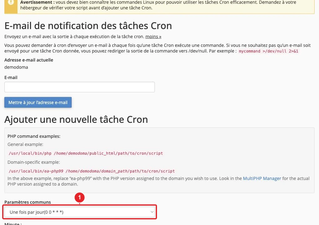 Formulaire de planification et commande d’une tâche Cron dans cPanel — Planification de la tâche Cron