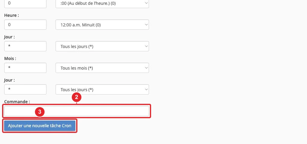 Formulaire de planification et commande d’une tâche Cron dans cPanel — Commande et ajout de la tâche Cron