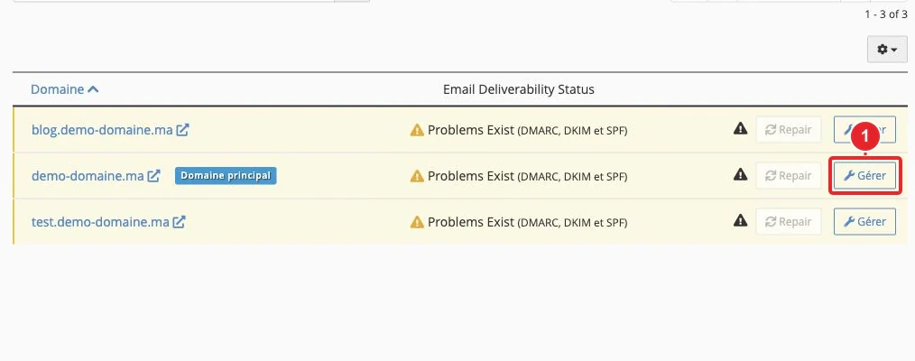 Liste des domaines et bouton Gérer dans Email Deliverability de cPanel