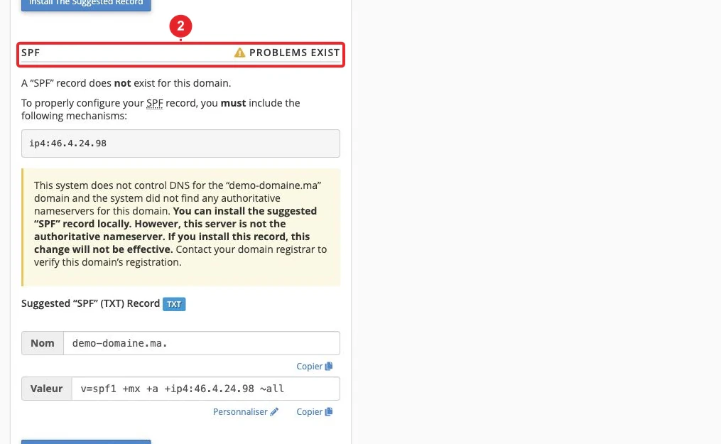 Diagnostic et enregistrements publics DKIM, SPF et DMARC du domaine dans cPanel — Enregistrement SPF