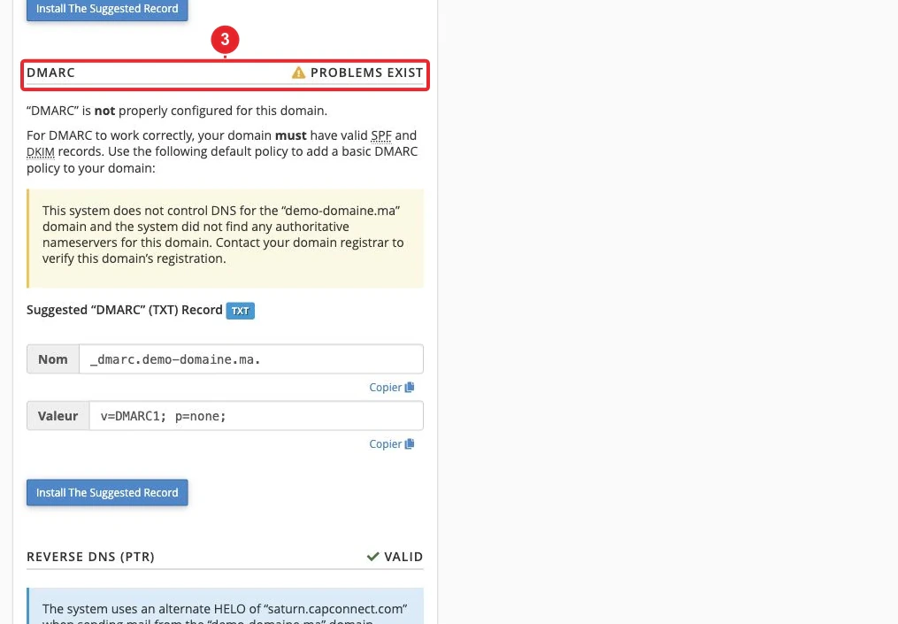 Diagnostic et enregistrements publics DKIM, SPF et DMARC du domaine dans cPanel — Diagnostic DMARC