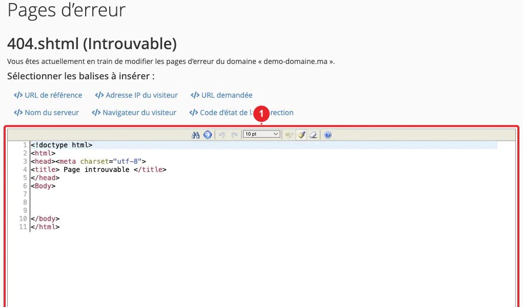 Éditeur HTML d’une page d’erreur 404 personnalisée dans cPanel — Code de la page d’erreur