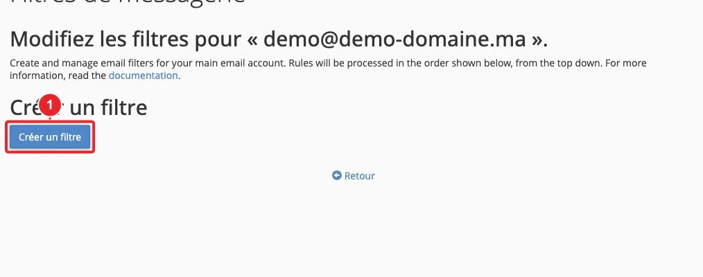 Liste des filtres d’une boîte e-mail et bouton Créer un filtre dans cPanel