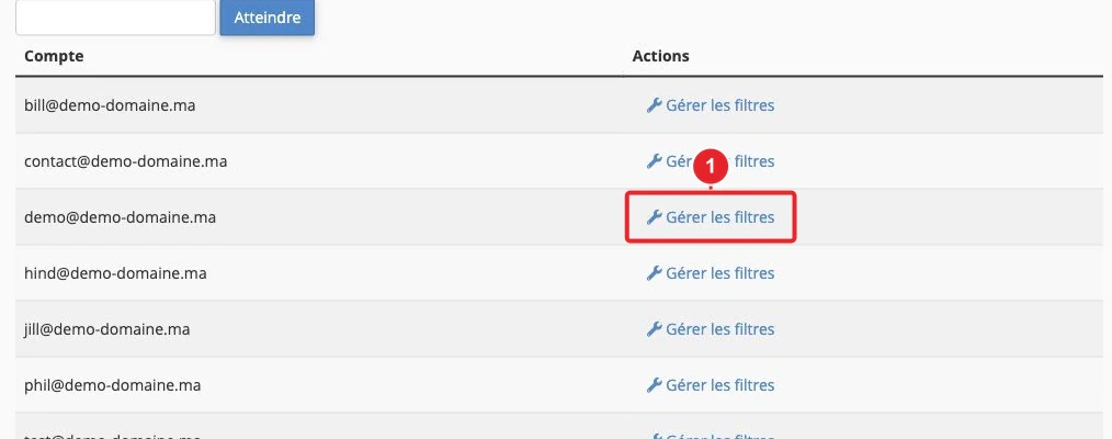 Choisir une boîte e-mail pour gérer ses filtres dans cPanel