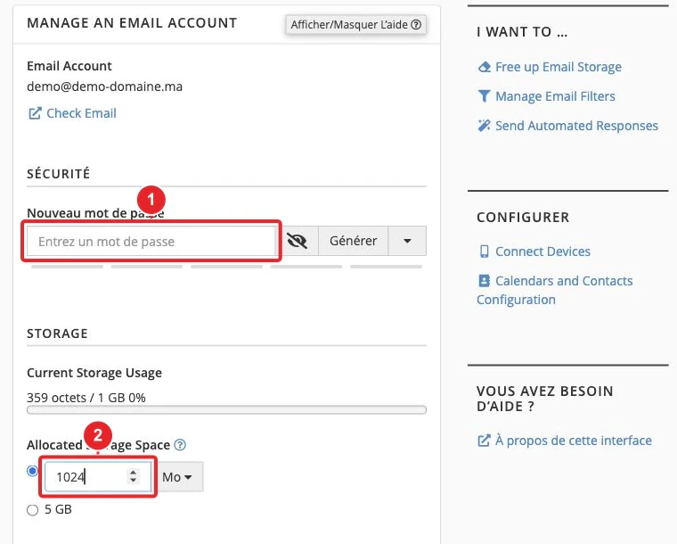 Email account settings in cPanel with new password field — Account, Password and Storage