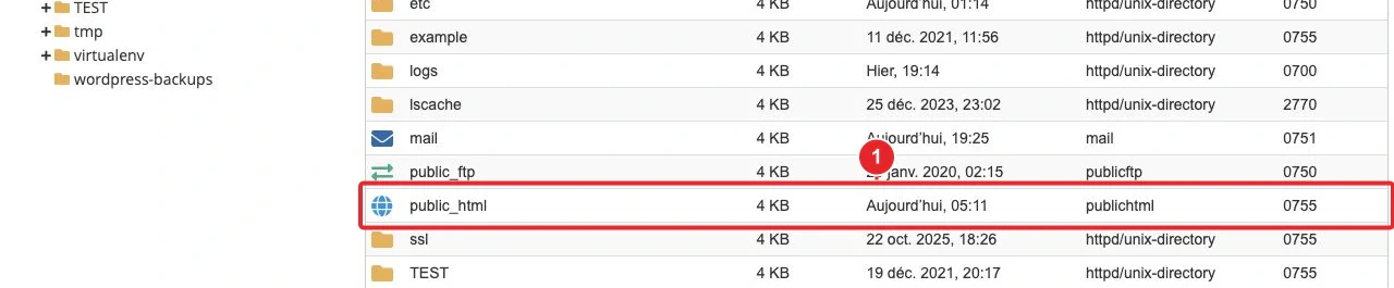 Gestionnaire de fichiers cPanel avec les commandes de téléversement et de gestion — Dossier public_html dans la liste