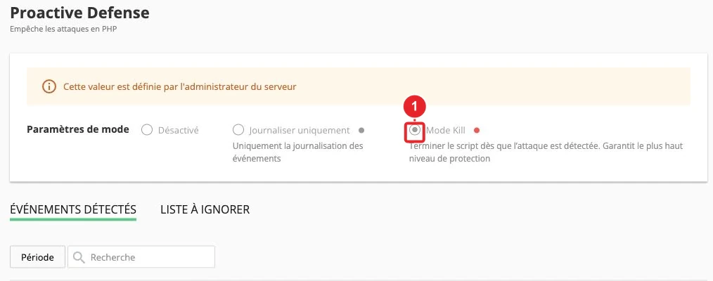 Onglet Défense proactive et mode Kill dans Imunify360