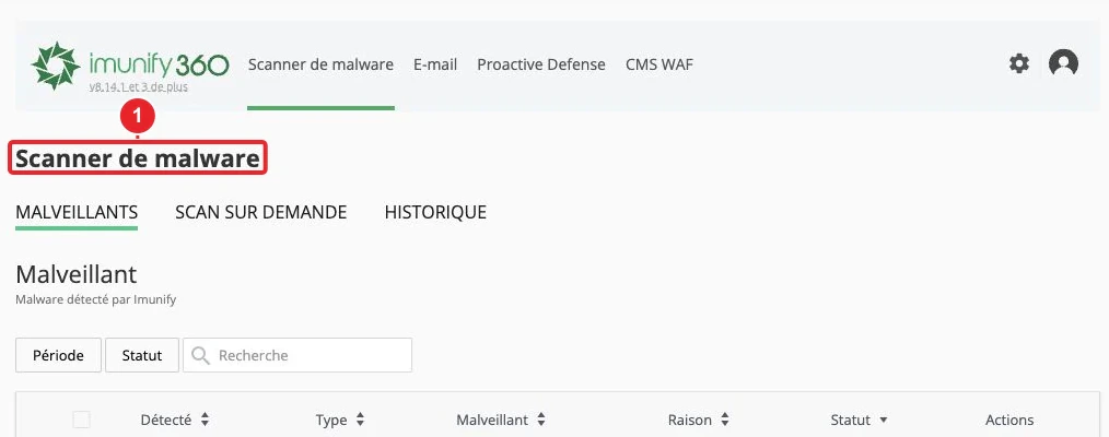 Interface de détection des logiciels malveillants Imunify360 — aucune détection affichée