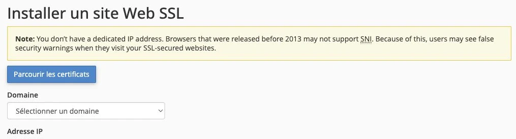 Formulaire d’installation d’un certificat SSL avec domaine et champs du certificat dans cPanel — Choisir le domaine et le certificat
