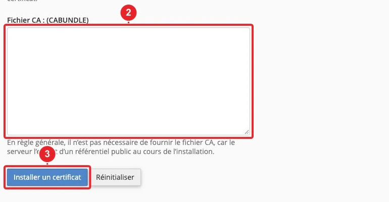 Formulaire d’installation d’un certificat SSL avec domaine et champs du certificat dans cPanel — Chaîne de certification et installation