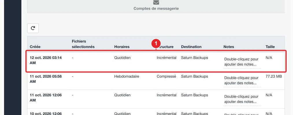 Liste des sauvegardes de fichiers disponibles dans JetBackup 5