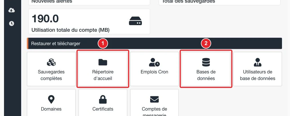 Tableau de bord JetBackup 5 et types de sauvegardes disponibles