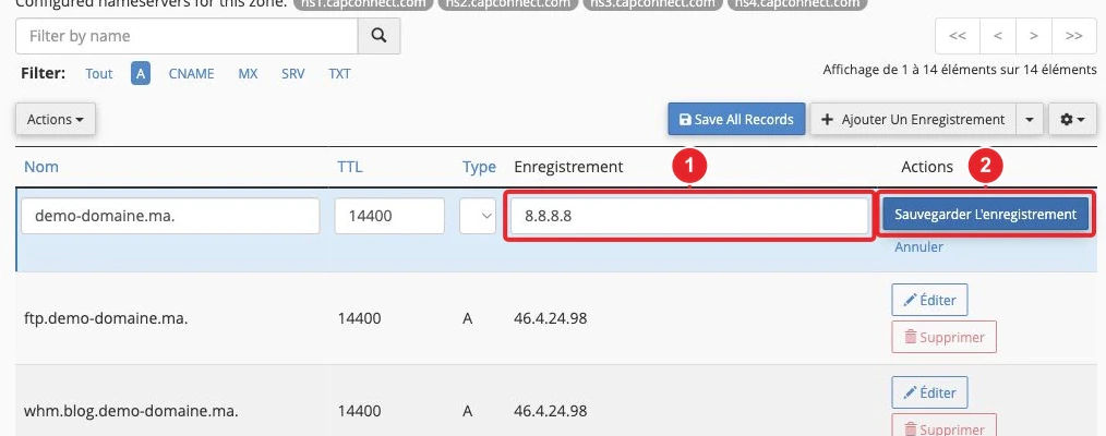 Formulaire de modification d’un enregistrement A dans la zone DNS cPanel