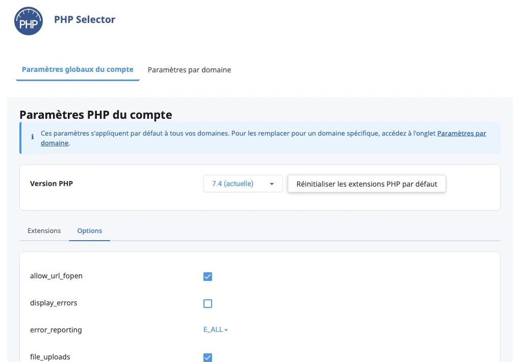Valeurs des options PHP dans PHP Selector sur cPanel — Options PHP disponibles