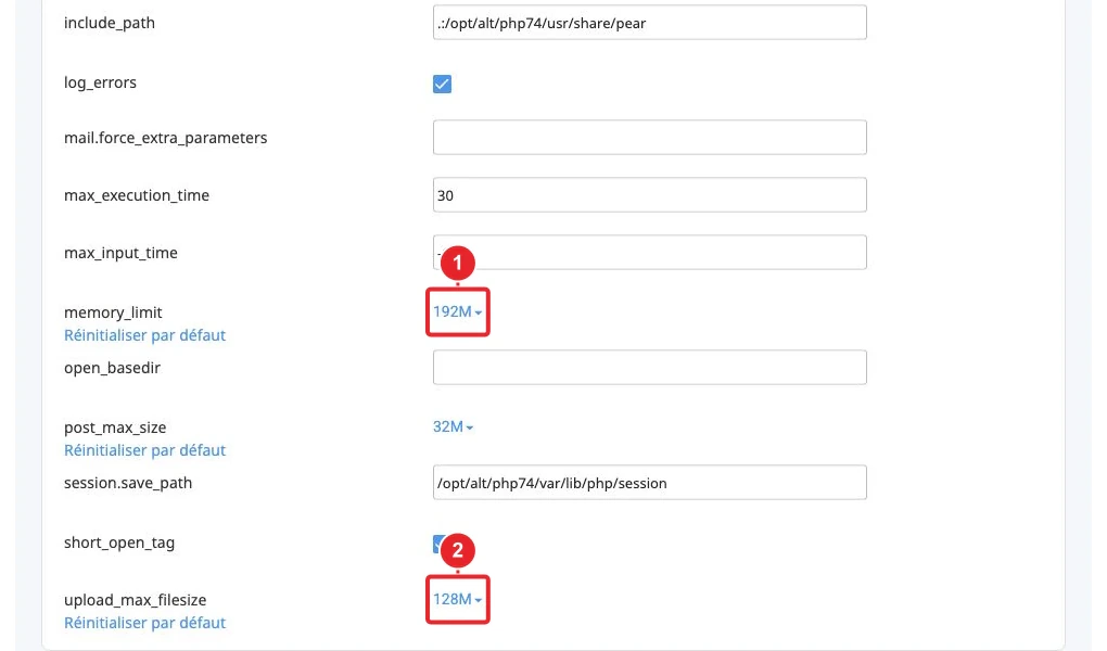 Valeurs des options PHP dans PHP Selector sur cPanel — Options PHP situées plus bas