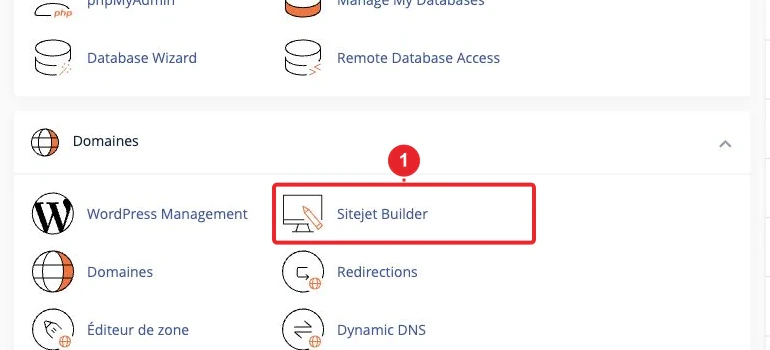 Accéder à Sitejet Builder depuis la rubrique Domaines de cPanel