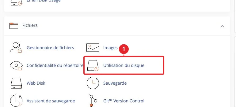 Outil Disk Usage de cPanel listant les répertoires et tailles