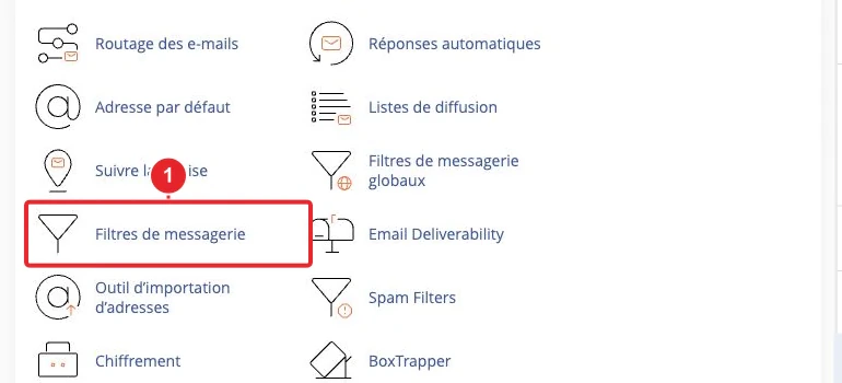 Accéder à filtres e-mail depuis le tableau de bord cPanel