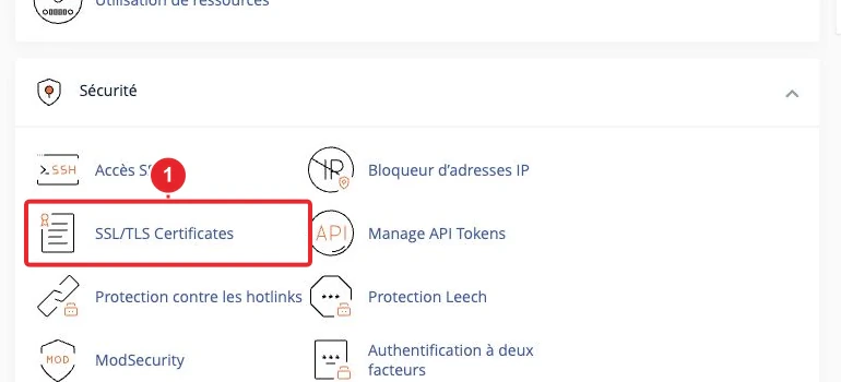Accéder à SSL/TLS Certificates depuis le tableau de bord cPanel
