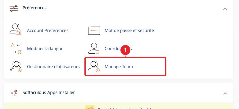 Accéder à Manage Team depuis le tableau de bord cPanel