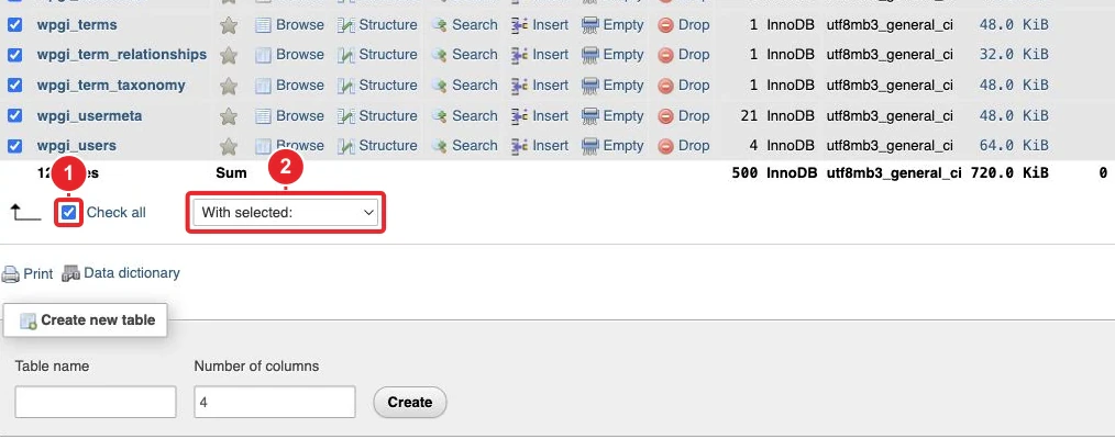 Sélection des tables et menu d’entretien dans phpMyAdmin — aucune opération exécutée