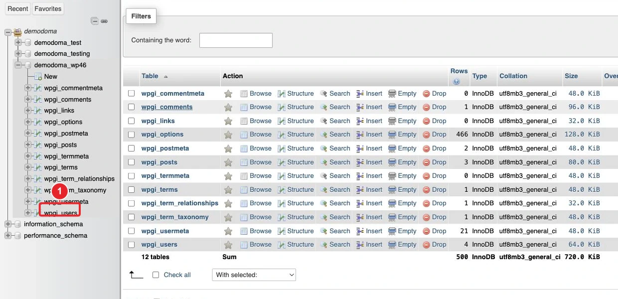 Repérer la table users de WordPress dans phpMyAdmin