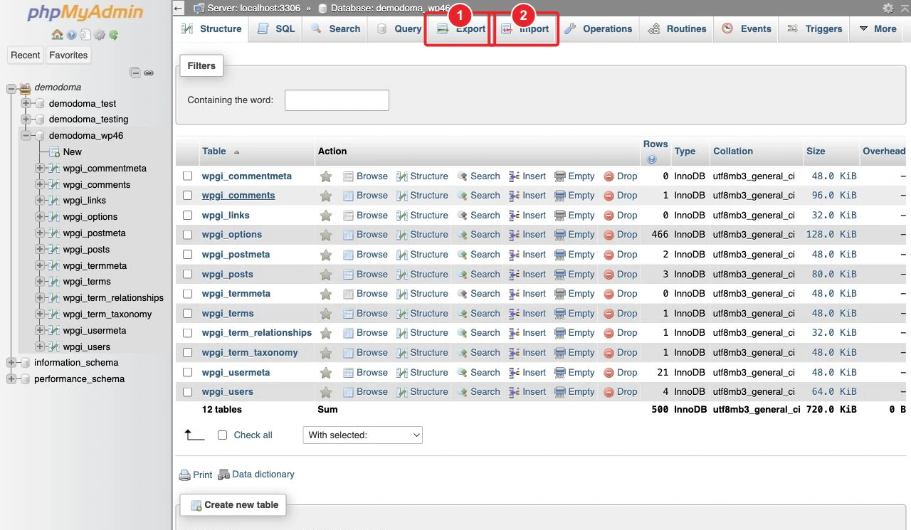 Structure et liste des tables WordPress dans phpMyAdmin