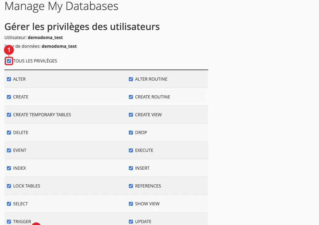 Attribution des privilèges d’un utilisateur MySQL à sa base dans cPanel — Choisir les privilèges MySQL