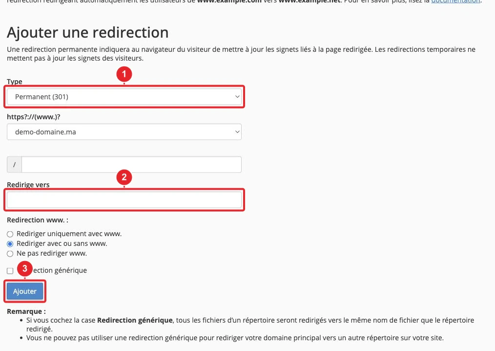 Domain web redirection form in cPanel