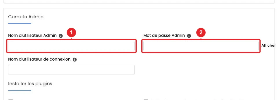Paramètres du compte administrateur WordPress dans Softaculous — données masquées