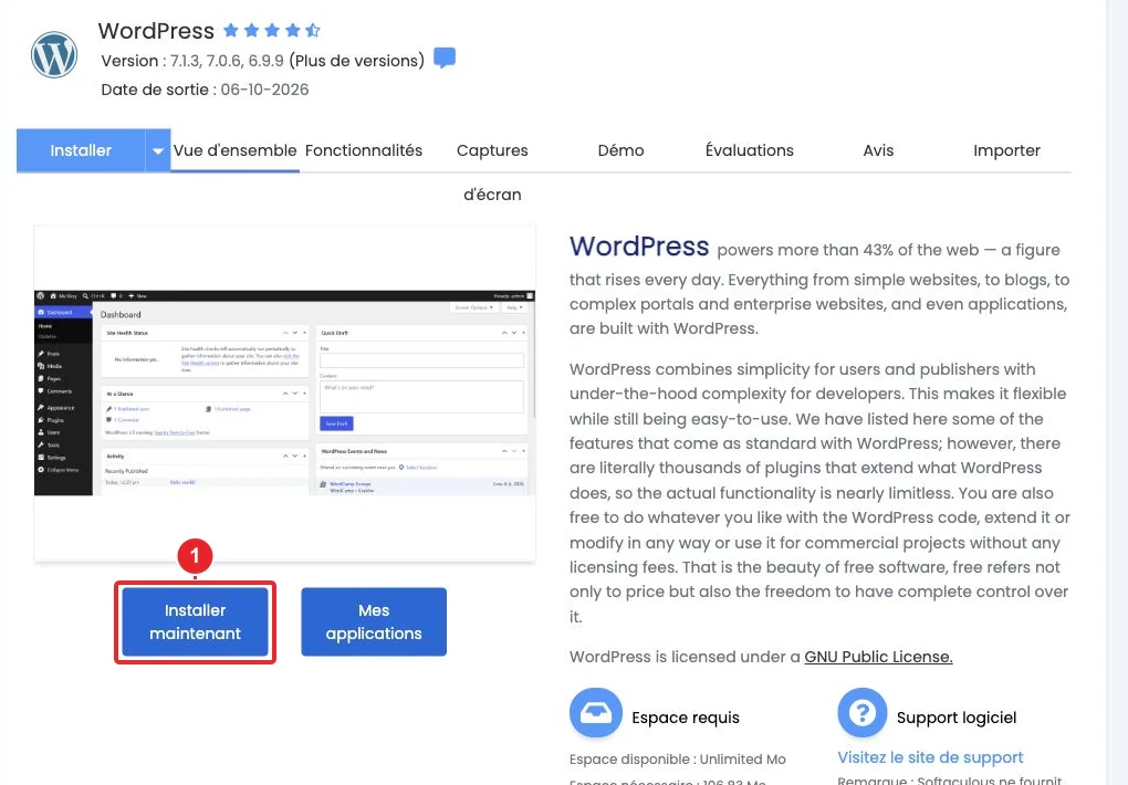Page WordPress de Softaculous avec installation et liste des sites existants — Accès à l’installation WordPress