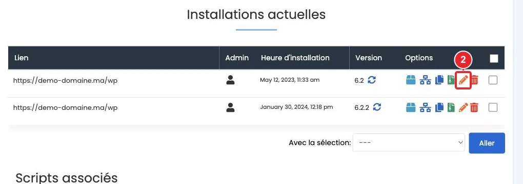Page WordPress de Softaculous avec installation et liste des sites existants — Installations WordPress existantes