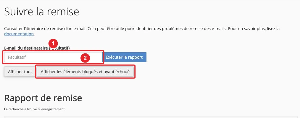 Rapport de suivi de la remise des e-mails dans cPanel — aucune remise affichée dans ce compte de démonstration