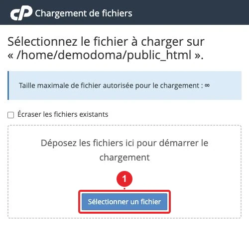 Bouton Sélectionner un fichier pour téléverser un fichier dans public_html avec cPanel