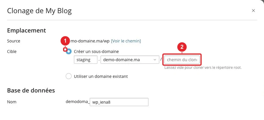 Formulaire de clonage d’un site WordPress dans WP Toolkit