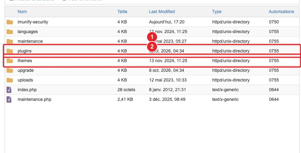 Dossier wp-content de WordPress dans le Gestionnaire de fichiers cPanel