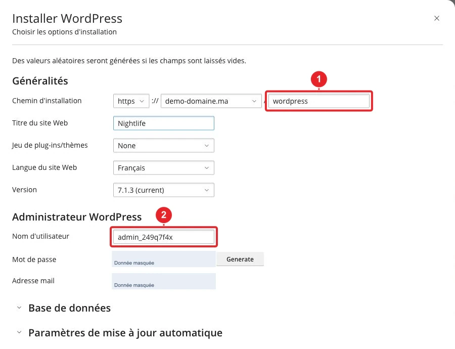 Formulaire d’installation WordPress dans WP Toolkit — données du compte masquées — Paramètres et compte WordPress